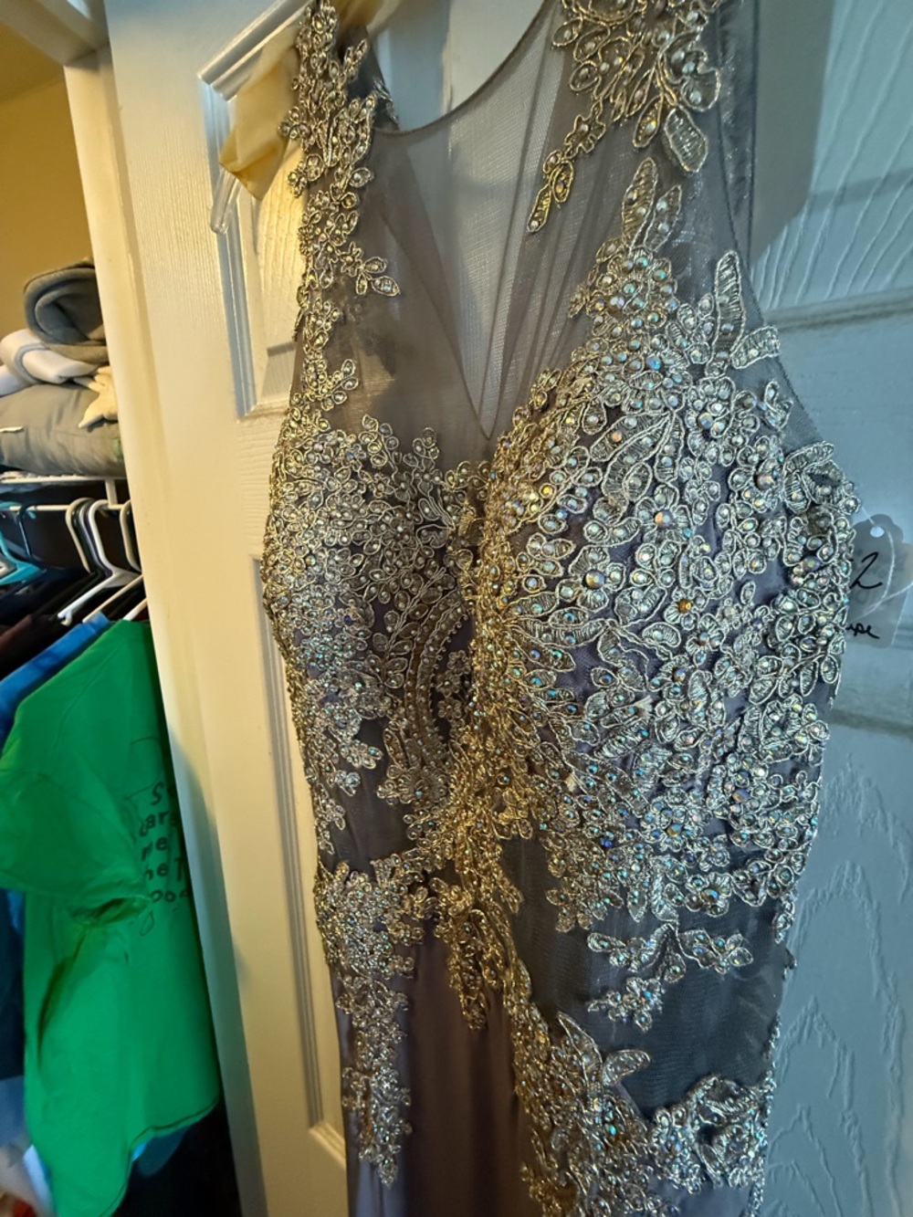 Dave & Johnny Gray Gown with Gold Crystal Embellishment